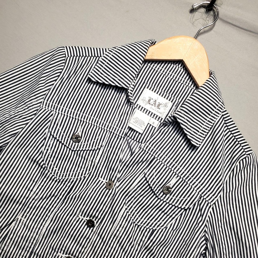 Live A Little Jacket Womens Small Blue White Railroad Striped Costal Cottagecore